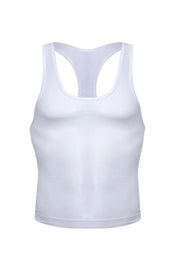 White men's racerback tank top, sleek fit, ideal for gym or casual wear