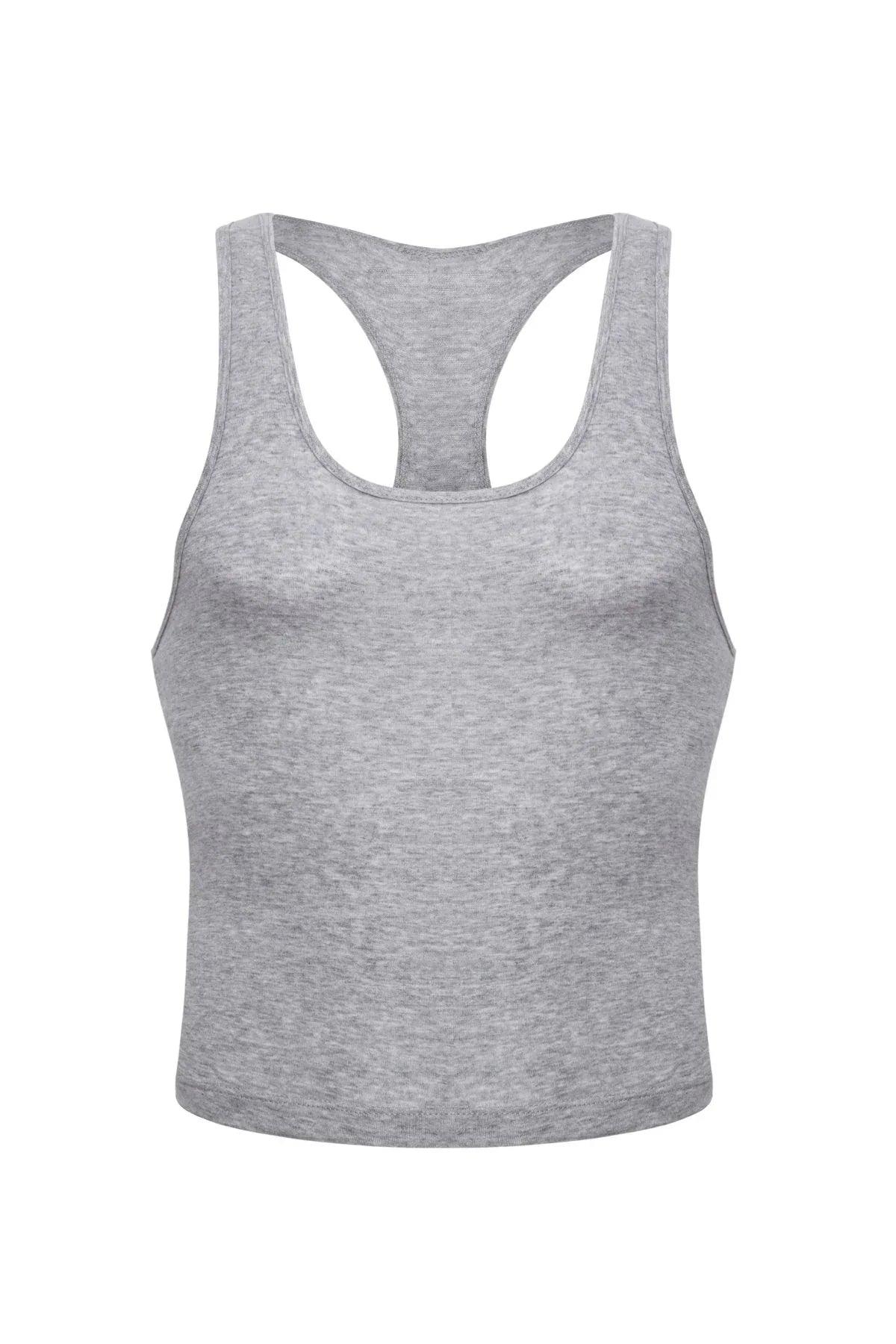 Gray men's racerback tank top, athletic fit, soft cotton blend for comfort and style
