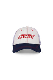 White mesh trucker hat with red COYOTE logo and navy blue brim, front view