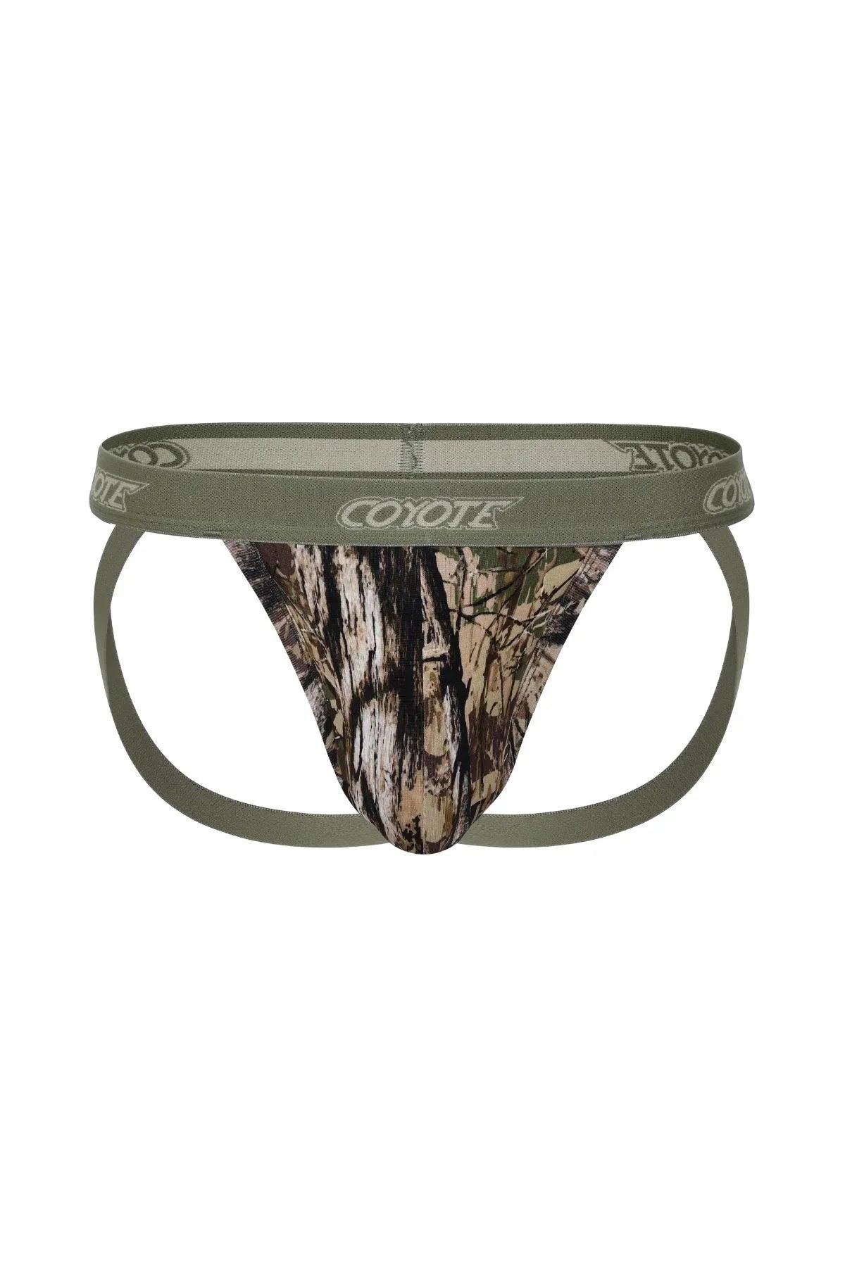 Coyote brand camouflage jockstrap with olive waistband, men's underwear