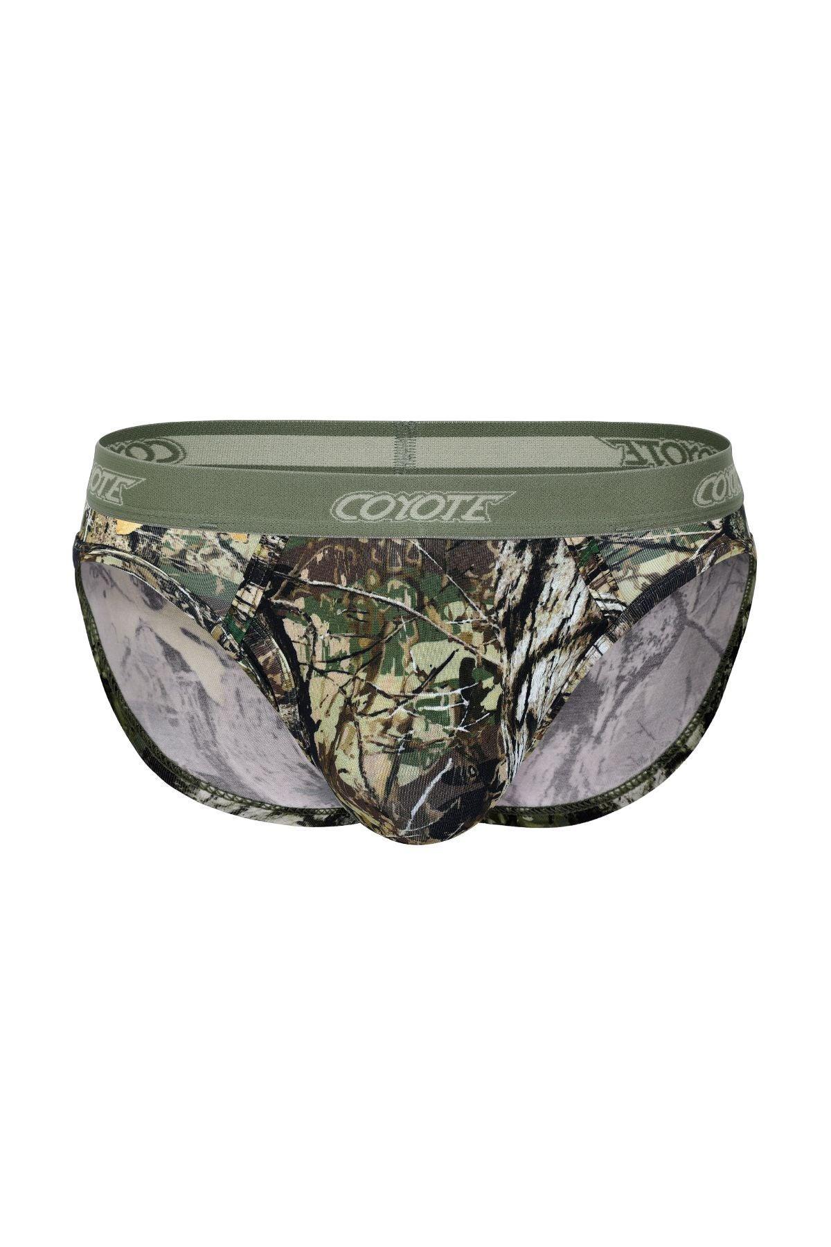 Coyote brand camouflage men's briefs with forest print and olive waistband