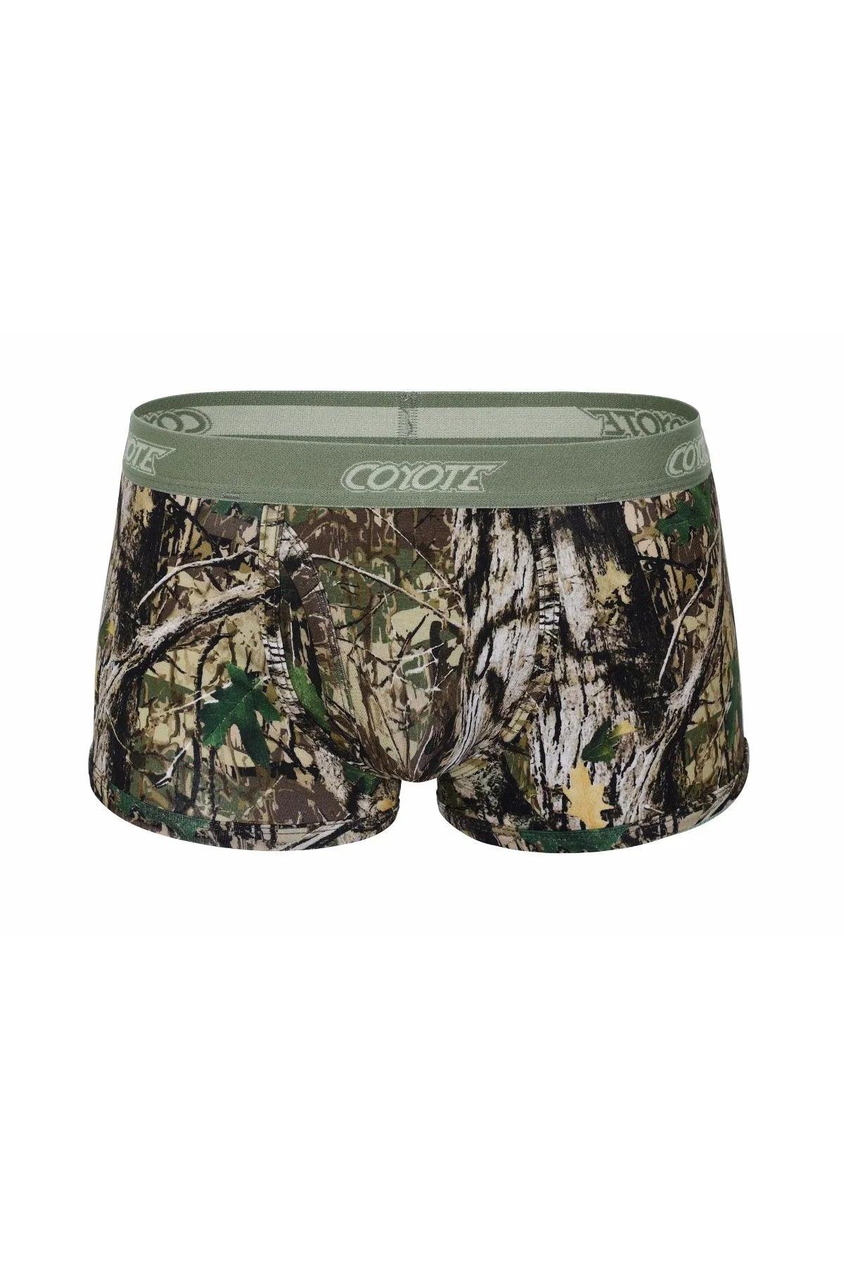 Coyote camouflage men's boxer briefs with forest print and green waistband
