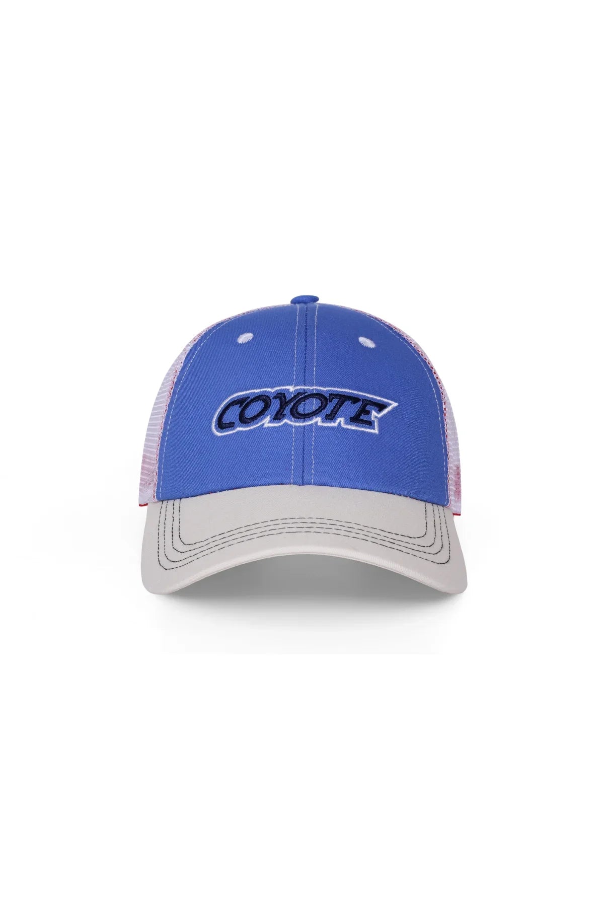 Blue and white mesh trucker cap with COYOTE logo embroidery on front panel