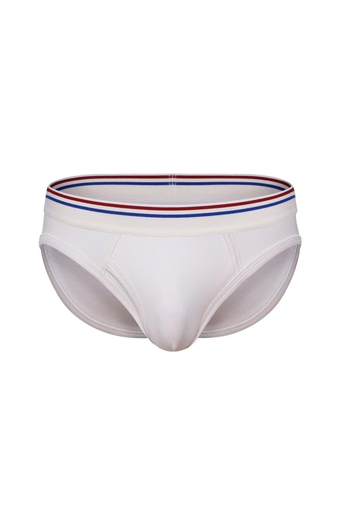 White men's bikini briefs with red and blue striped waistband, athletic underwear