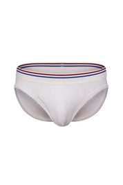 White men's bikini briefs with red and blue striped waistband, athletic underwear