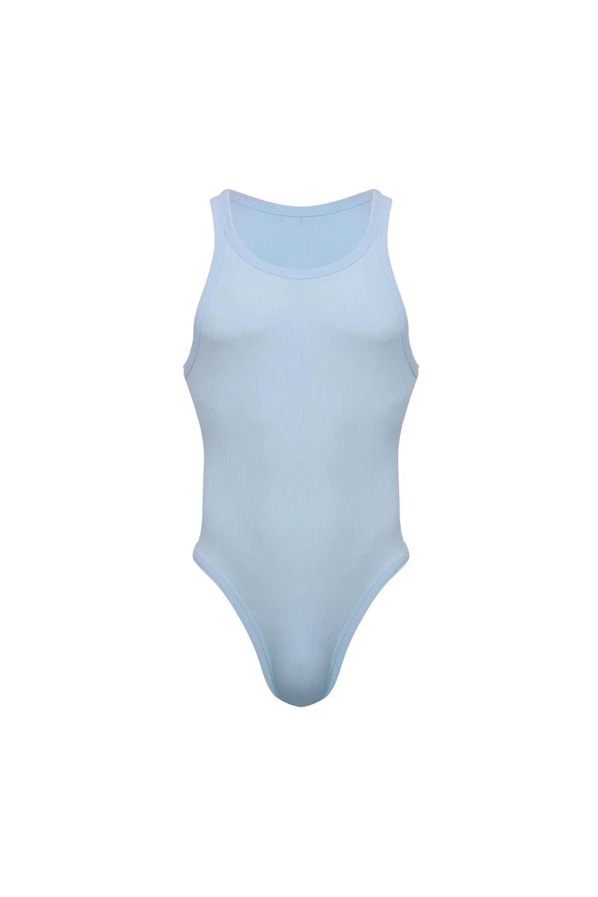 Light blue men's sleeveless bodysuit with high-cut legs on white background