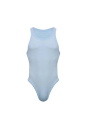 Light blue men's sleeveless bodysuit with high-cut legs on white background
