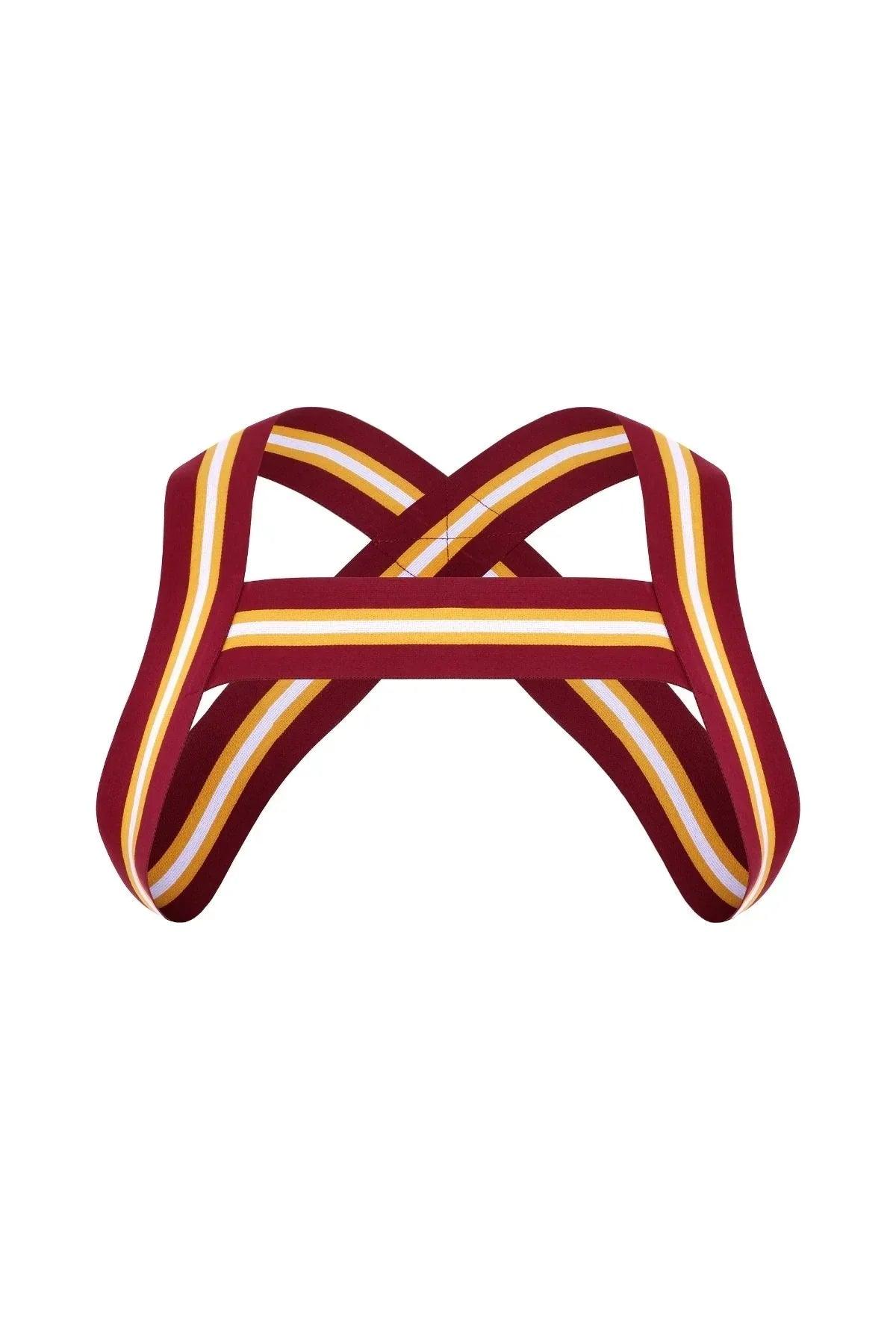 Burgundy harness with gold and white stripes, elastic straps crossed in front, LGBTQ+ fashion accessory