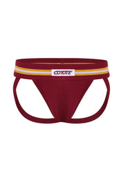 Burgundy men's jockstrap with gold and white striped waistband, sporty and supportive design.