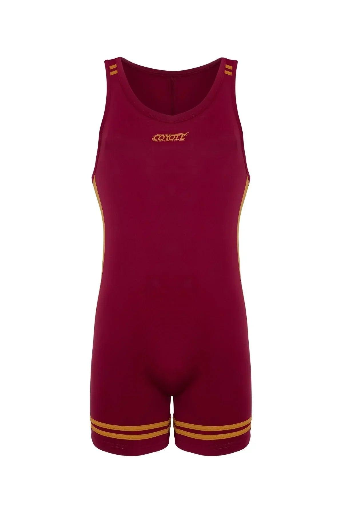 Burgundy singlet for men with gold trim and logo, sporty fitted bodysuit.