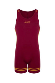 Burgundy singlet for men with gold trim and logo, sporty fitted bodysuit.