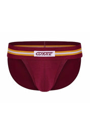 Burgundy men's sport brief with gold and white striped waistband, pouch front, and bold waistband logo.