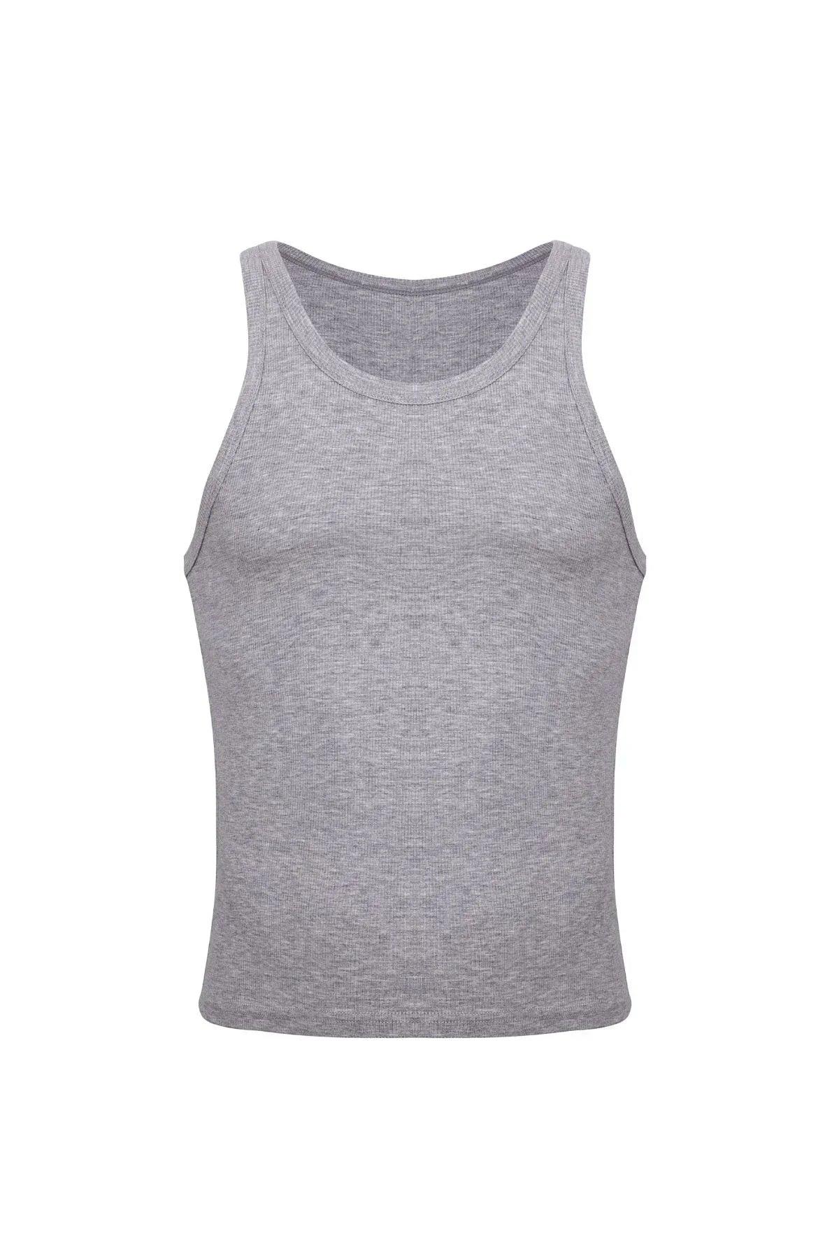 Heather grey ribbed crop tank top for men, sleeveless athletic shirt, front view