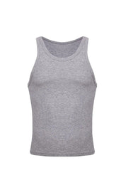 Heather grey ribbed crop tank top for men, sleeveless athletic shirt, front view