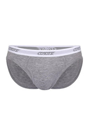 Grey men's brief underwear with white branded waistband on a plain background
