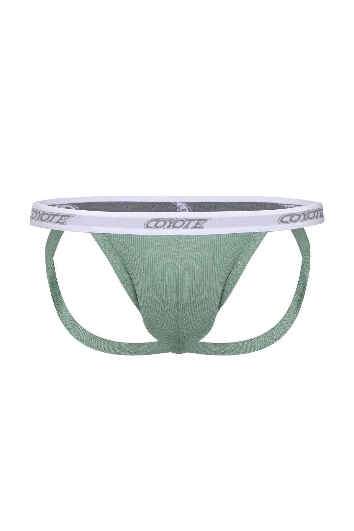 Sage green men's jockstrap with ribbed fabric and white logo waistband, stylish underwear