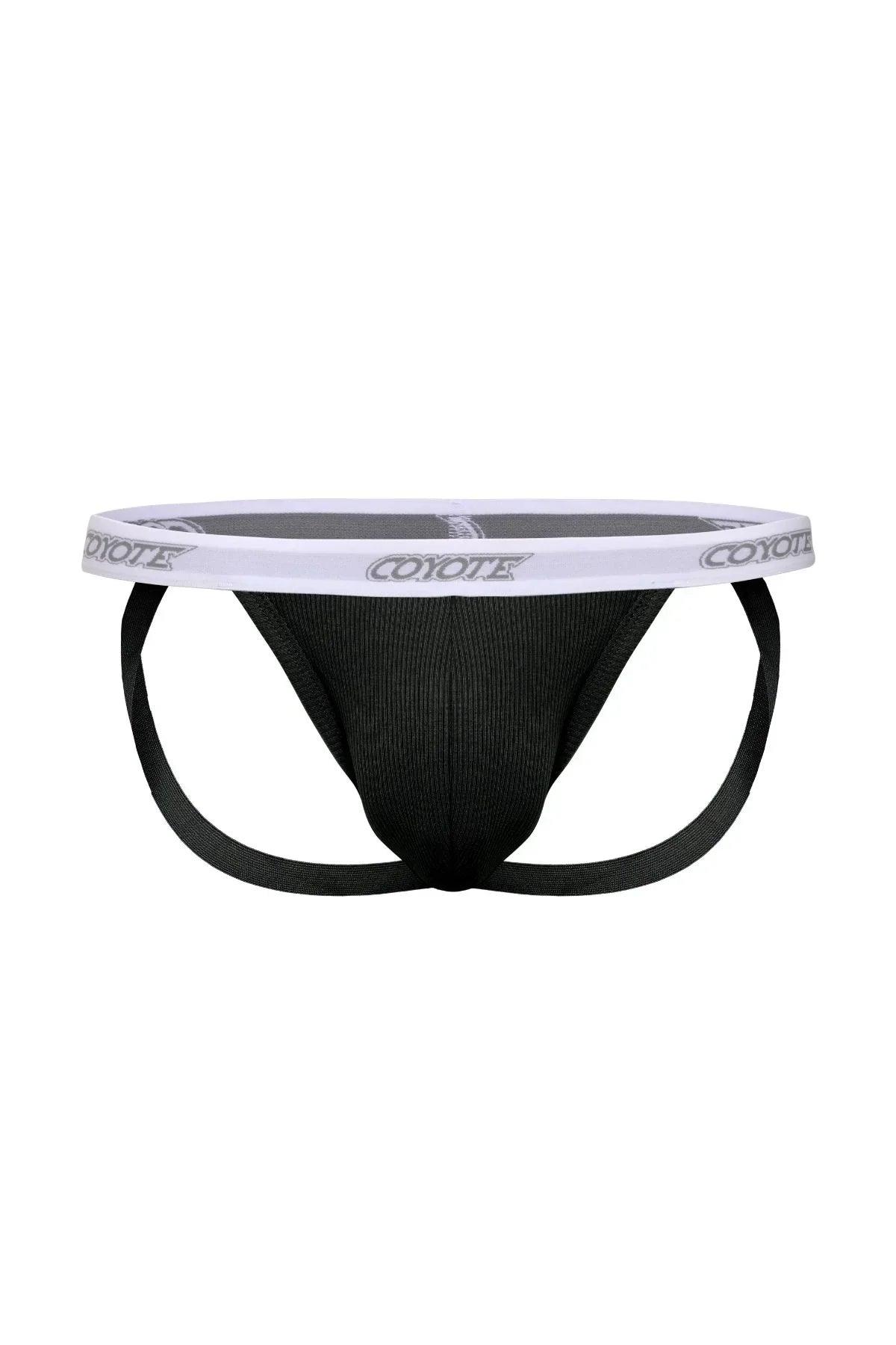Black men’s jockstrap underwear with white elastic waistband and logo, isolated on white