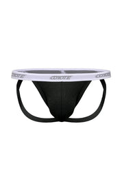 Black men’s jockstrap underwear with white elastic waistband and logo, isolated on white