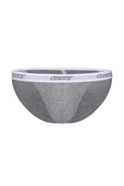 Gray men's sport brief underwear with white branded waistband, athletic cut, front view