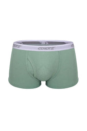 Sage green ribbed men's trunk underwear with branded white waistband, front pouch view