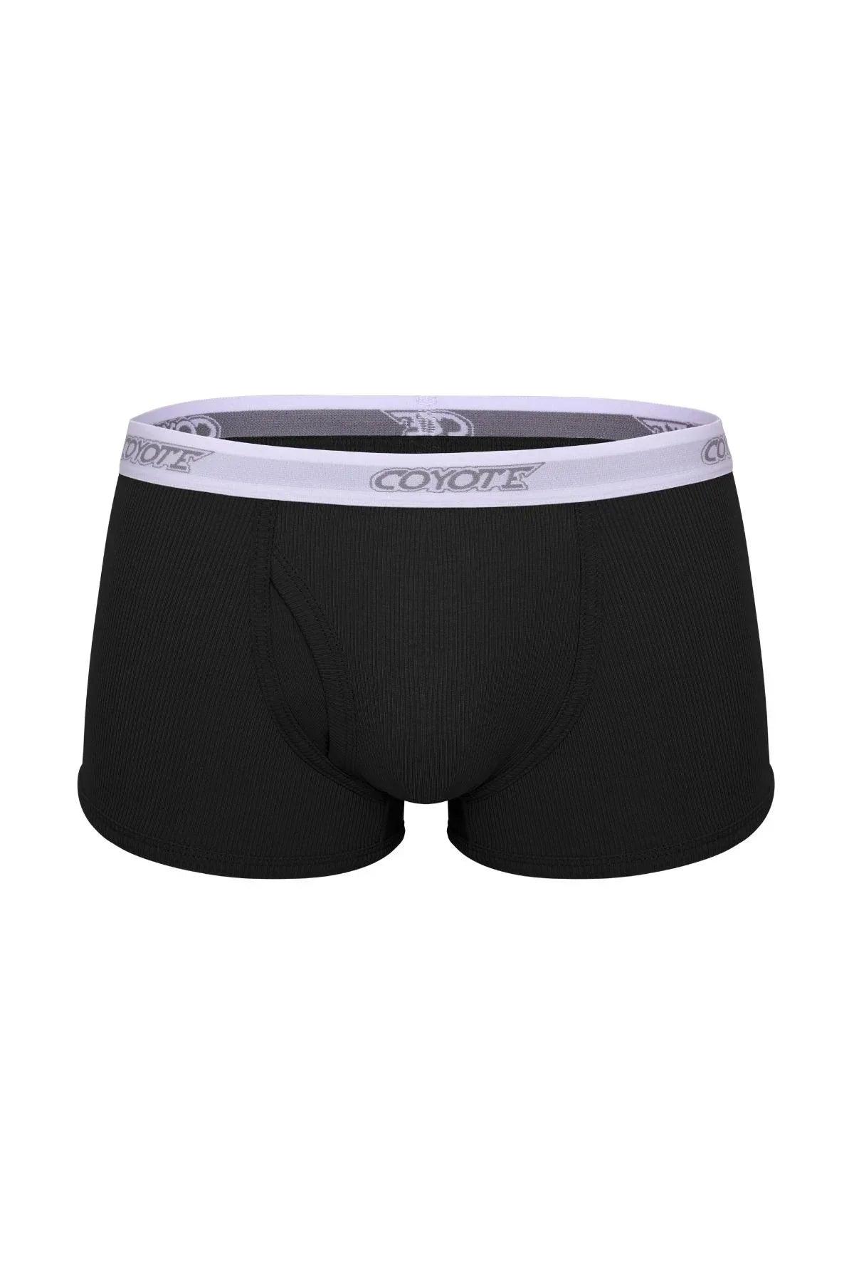 Black ribbed men's trunk underwear with white waistband and bold logo, front view