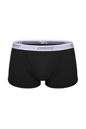 Black ribbed men's trunk underwear with white waistband and bold logo, front view