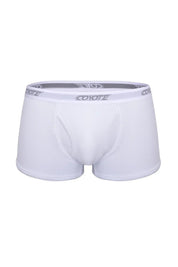 White men's trunk underwear with a contoured pouch and branded elastic waistband