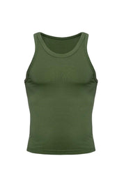Men's pine green cropped tank top, athletic fit, sleeveless sportswear.
