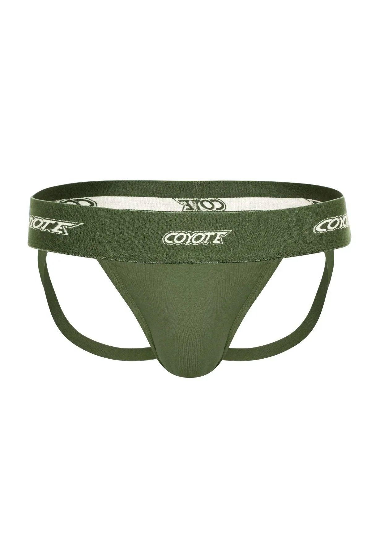 Pine green men's jockstrap with wide branded waistband and supportive straps