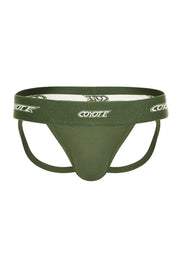 Pine green men's jockstrap with wide branded waistband and supportive straps