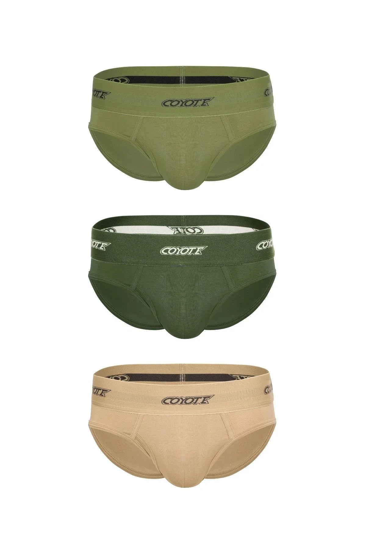 Three men’s briefs in olive, dark green, and tan with logo waistband, front view