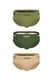 Three men’s briefs in olive, dark green, and tan with logo waistband, front view