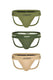 Three men's jockstraps in olive, dark green, and beige with branded waistbands
