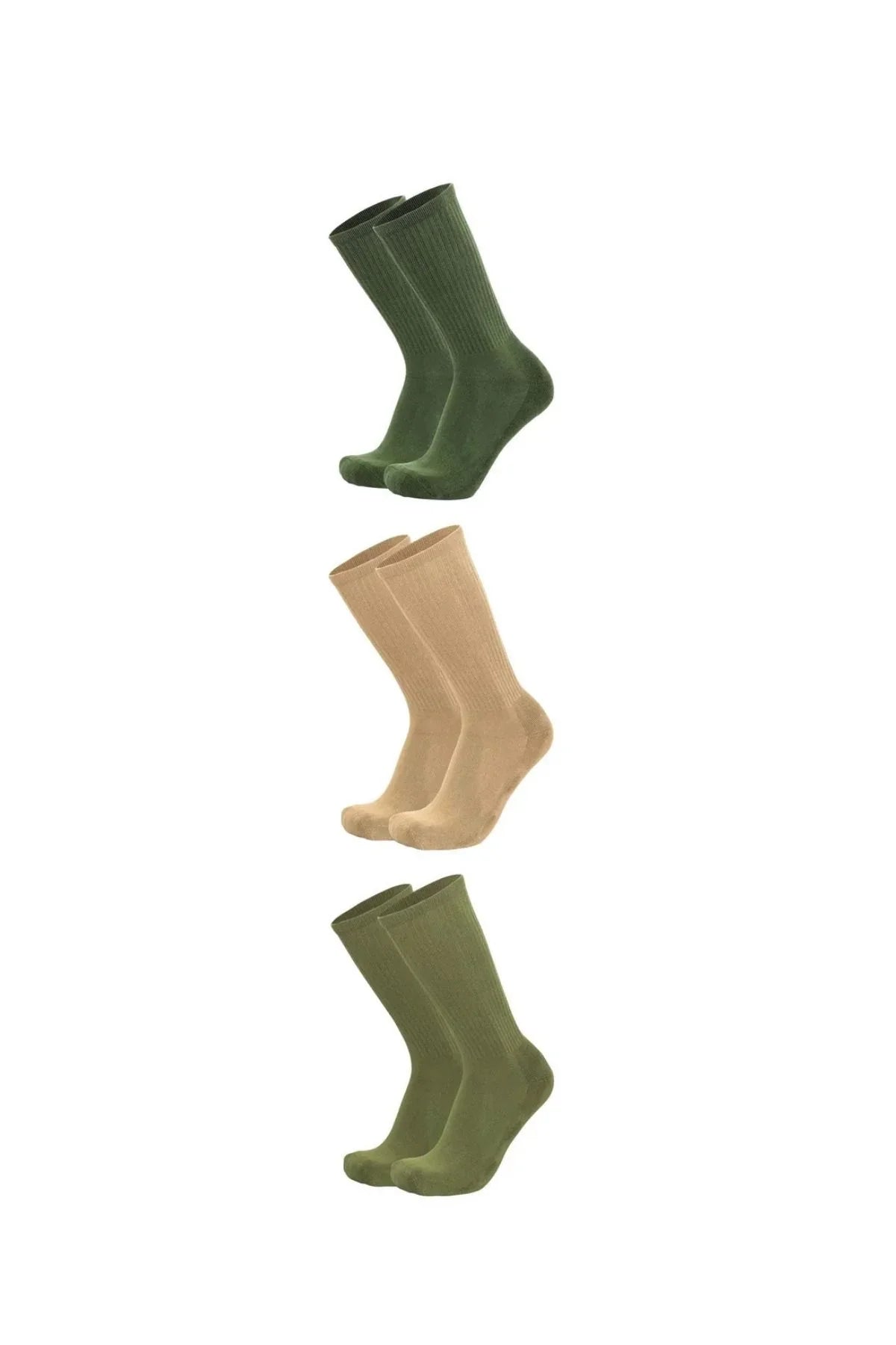 Three pairs of crew socks in green and beige, stacked on a white background.