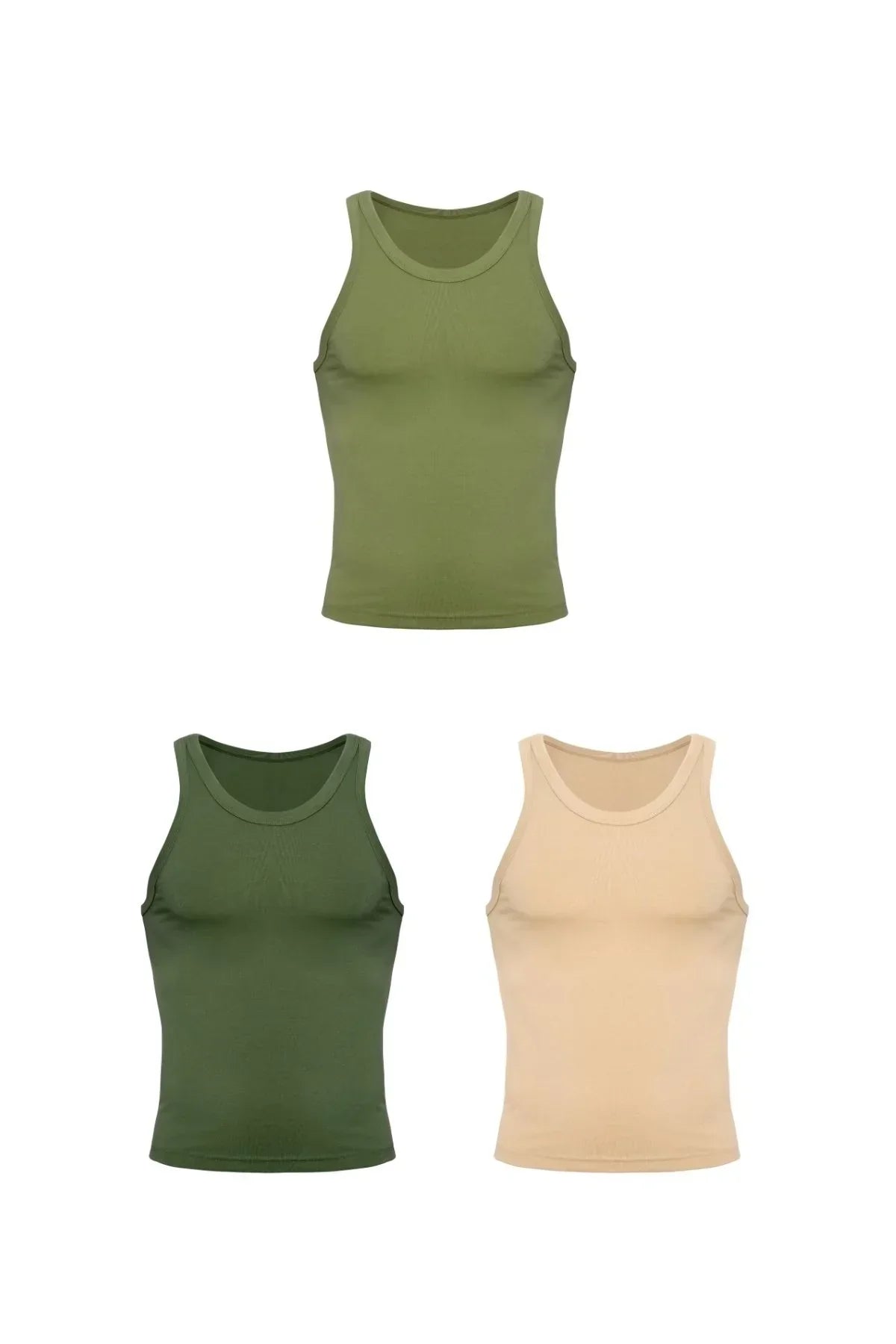 Three men's fitted tank tops in green, olive, and beige colors on white background