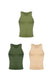Three men's fitted tank tops in green, olive, and beige colors on white background