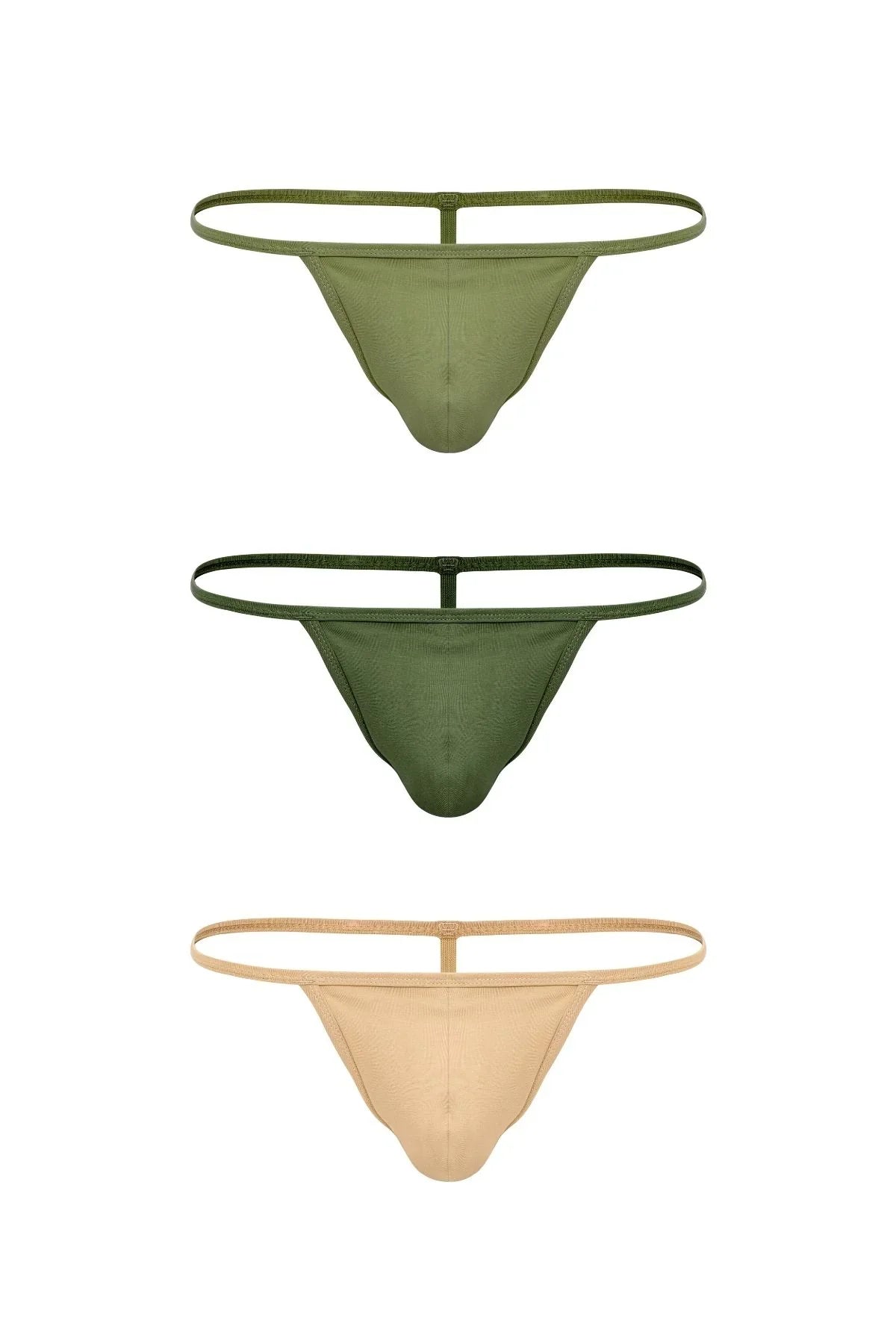 Men's thong underwear set in olive, dark green, and beige with minimal straps