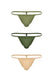 Men's thong underwear set in olive, dark green, and beige with minimal straps
