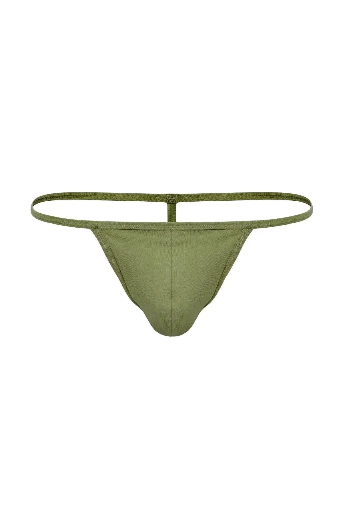 Olive green men's T-string thong underwear with minimal, thin waistband on white background.