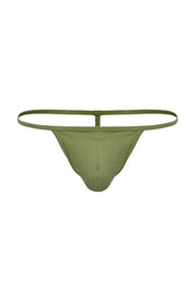 Olive green men's T-string thong underwear with minimal, thin waistband on white background.