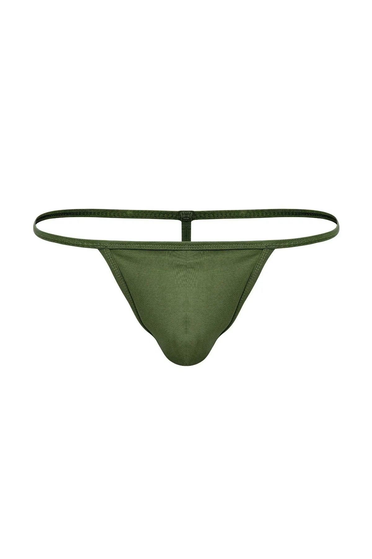 Olive green men's T-string thong underwear with minimal, sleek design on white background