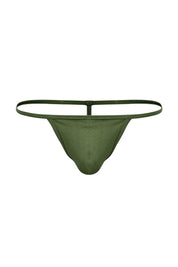 Olive green men's T-string thong underwear with minimal, sleek design on white background