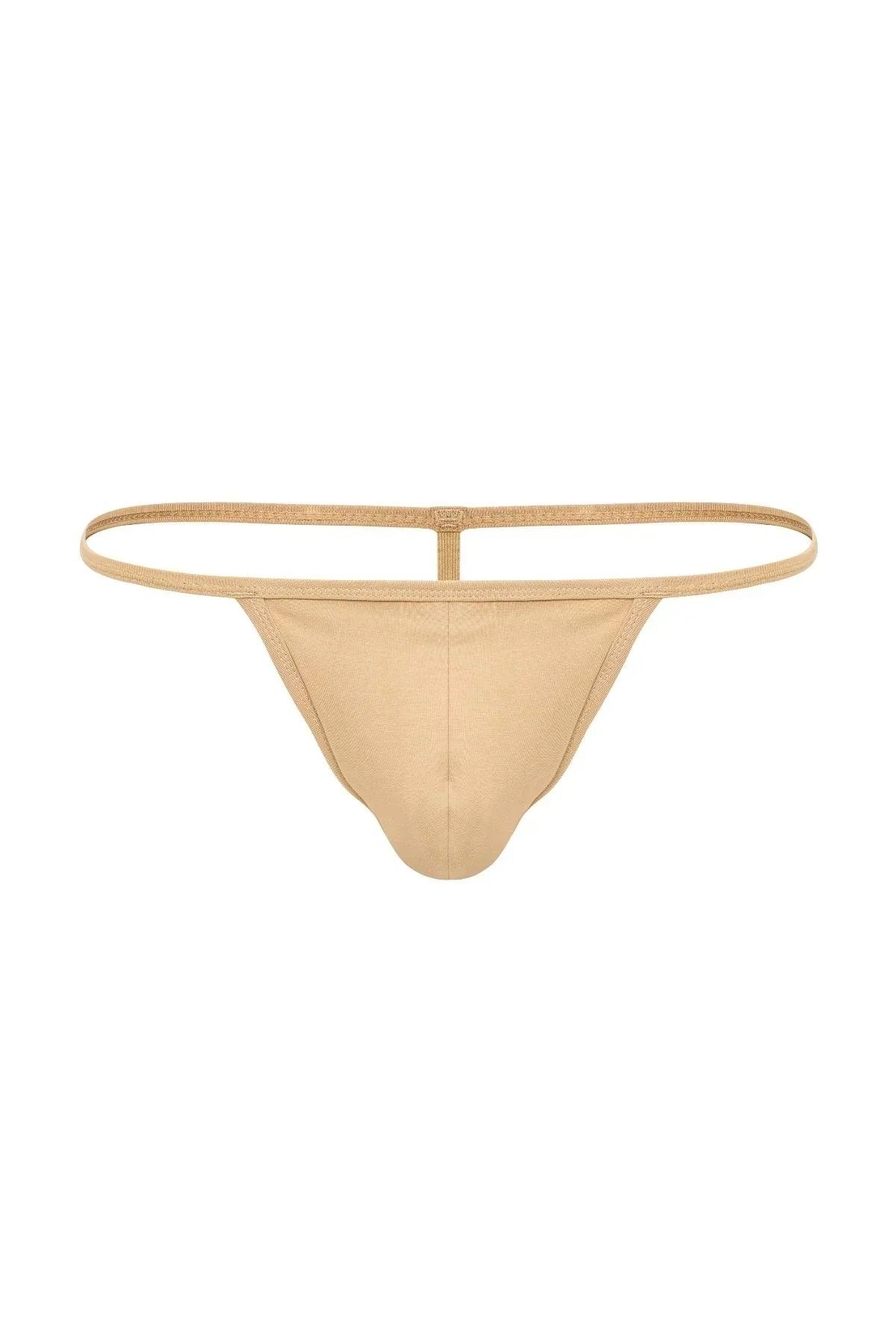 Tan men's T-string thong with minimal front pouch and thin waistband, displayed on white background