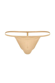 Tan men's T-string thong with minimal front pouch and thin waistband, displayed on white background