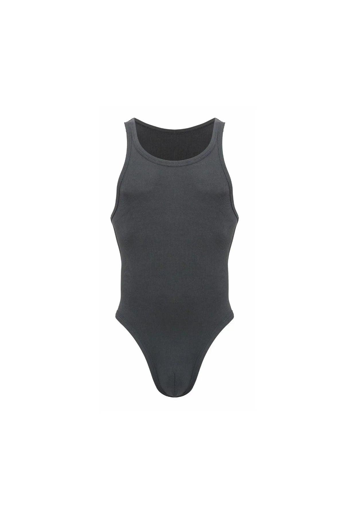 Charcoal gray men's ribbed bodysuit, sleeveless, with high-cut leg, front view on white
