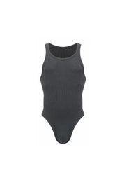 Charcoal gray men's ribbed bodysuit, sleeveless, with high-cut leg, front view on white