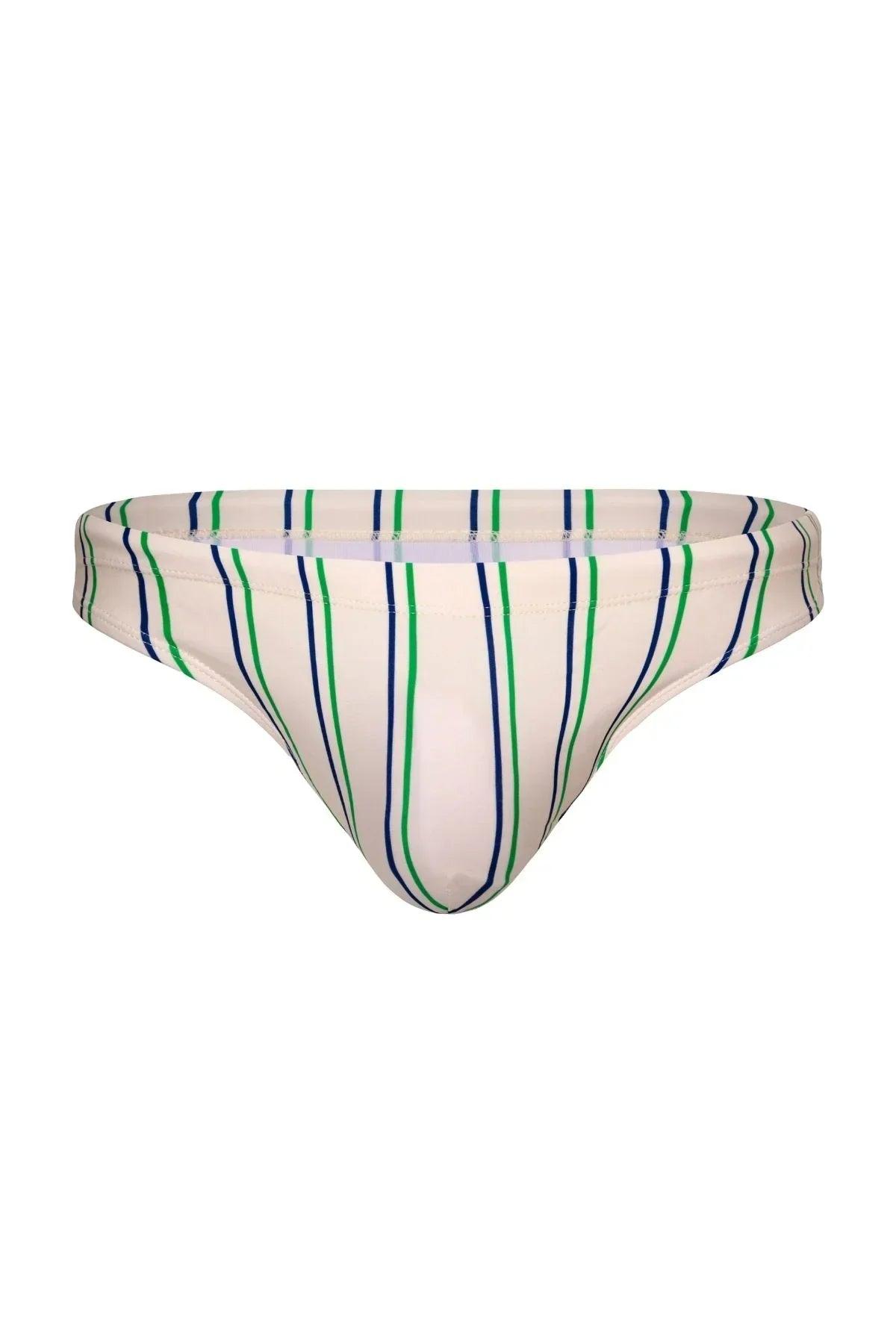 Men's swim brief with vertical blue and green stripes on white, front view