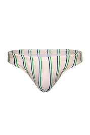 Men's swim brief with vertical blue and green stripes on white, front view