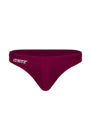 Men's burgundy swim brief with low-rise cut and logo on waistband, front view