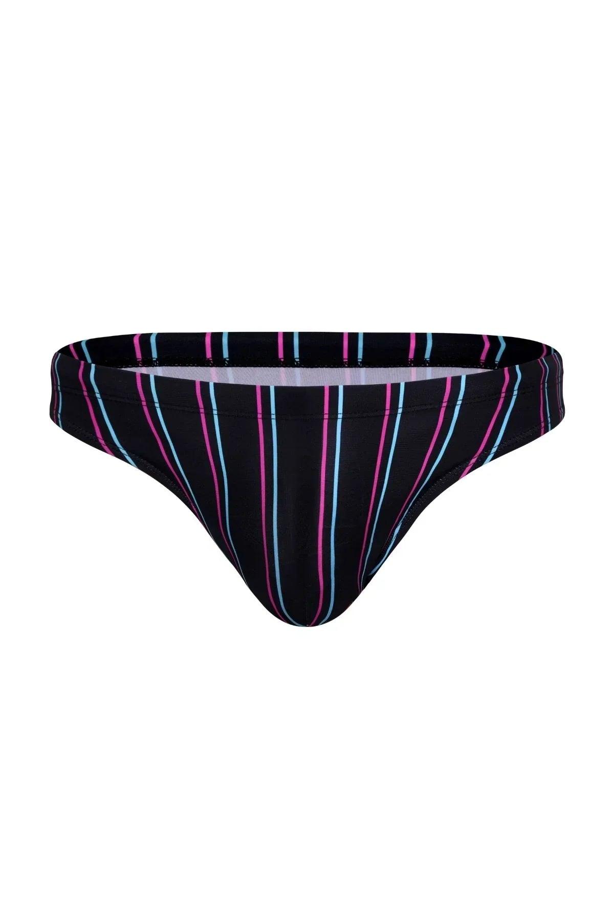 Black men's swim brief with neon pink and blue vertical stripes, isolated on white background
